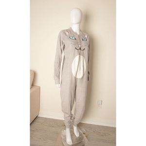 Vintage Adult Cat Kitty Face Onesies Grey Long Body Pajamas Zip off Cosplay